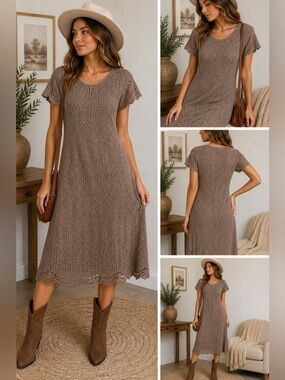 De Collection Taupe Crochet Lace Midi Dress Size Small Boho Neutral